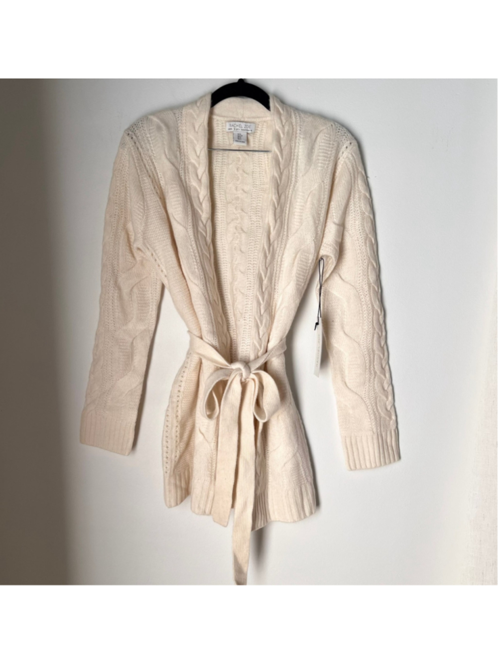 NWT Rachel Zoe Cream 100% 2-Ply Cashmere Cable Knit Belted Cardigan Sweater S - Picture 2 of 13